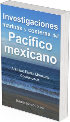 La portada es una fotografía de una playa del Pacífico mexicano. La escena muestra, en primer plano, una franja de arena mojada y oscura, sobre la que rompen pequeñas olas blancas. Justo detrás, el mar se extiende en tonalidades de azul profundo, con una superficie ligeramente agitada. El cielo ocupa la mitad superior del diseño. Es un cielo despejado, de color azul intenso que se aclara hacia el horizonte. No hay nubes visibles. El texto está distribuido en el centro de la imagen, en letras blancas y claras, lo que contrasta fuertemente con el fondo azul marino y celeste. El título está escrito en distintas jerarquías tipográficas, siendo “Pacífico mexicano” la frase más destacada.