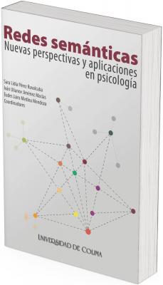 La portada tiene un fondo en tono gris claro con un ligero degradado, que permite que los elementos gráficos destaquen con claridad. El título, en la parte superior, combina dos estilos tipográficos:  “Redes semánticas” en letras grandes, gruesas y en color guinda, que llama de inmediato la atención visual.  “Nuevas perspectivas y aplicaciones en psicología” está justo debajo, en letras más delgadas y negras, generando un contraste que jerarquiza el contenido.  Debajo, aparecen los nombres de los coordinadores en un bloque alineado a la izquierda.  La parte visual principal está compuesta por una red de nodos de distintos colores (rojo, amarillo, verde, naranja, morado, gris, etc.) unidos mediante líneas punteadas. Estos nodos están distribuidos de manera asimétrica, representando claramente el concepto de una red semántica, donde cada punto se relaciona con varios otros, en diferentes grados y agrupaciones.