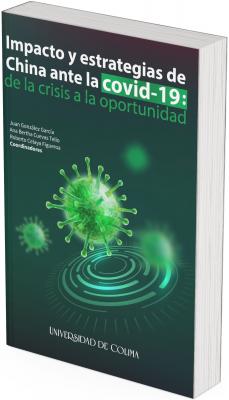El libro se titula “Impacto y estrategias de China ante la COVID-19: de la crisis a la oportunidad”, coordinado por Juan González García, Ana Bertha Cuevas Tello y Roberto Celaya Figueroa, y publicado por la Universidad de Colima.  Diseño visual:  El fondo es oscuro, con una paleta en tonos verdes que transmite una sensación de alerta sanitaria y ciencia. Al centro de la imagen aparece una representación digital ampliada del virus SARS-CoV-2, el virus causante de la COVID-19. Este virus es verde y presenta su típica forma esférica con espículas (protuberancias redondeadas) que sobresalen en todas direcciones. Está flotando sobre un fondo que imita una interfaz tecnológica o radar, representado por círculos concéntricos luminosos.  El título combina colores blanco, verde fosforescente y azul para destacar las palabras clave: “COVID-19” aparece resaltado con fondo verde, y “crisis” y “oportunidad” están diferenciadas en color, sugiriendo contraste entre el problema y su posible aprovechamiento.