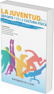 La portada tiene un fondo blanco degradado hacia celeste claro, con elementos visuales muy dinámicos que transmiten movimiento, energía y vitalidad juvenil. En la parte inferior se despliega una serie de silhuetas multicolores de personas jóvenes realizando diversas actividades deportivas y físicas: Una figura turquesa corre o lanza. Una figura violeta está parada sobre las manos (como en gimnasia). Una figura amarilla con coleta parece jugar voleibol, estirando los brazos. Una figura roja parece estar en medio de un salto o una postura de atletismo. Una figura azul realiza una acrobacia en barras paralelas. Estas figuras se sobrelapan, creando una composición transparente y colorida, que sugiere diversidad, inclusión y movimiento constante. En el centro de estas figuras flota un balón amarillo-naranja, aludiendo a deportes con pelota. El título principal aparece en la parte superior en letras grandes y contrastantes. Se resalta visualmente: “La juventud” en naranja brillante. “en el deporte y en la cultura física” en azul fuerte. “Diálogos, travesías y desafíos” sobre una banda azul con efecto de brochazo. La Universidad de Colima aparece en la parte inferior, con su tipografía institucional en color negro.