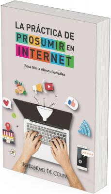 La ilustración principal está centrada en la parte inferior y muestra una computadora portátil abierta vista desde arriba. Sobre el teclado, se observan dos manos masculinas escribiendo, lo que sugiere actividad digital o creación de contenido. Desde la pantalla de la laptop emerge una figura de embudo blanco, con flechas que indican la entrada de múltiples elementos que luego se canalizan hacia el interior de la computadora. Esta figura representa gráficamente el proceso de prosumo (mezcla entre consumir y producir contenido digital). Alrededor del embudo y la laptop flotan íconos representativos de la vida en internet, tales como: Un megáfono y un ícono de YouTube, representando creación de contenido. Un corazón y un pulgar arriba, representando interacciones en redes sociales. Un símbolo de localización y una tienda, sugiriendo comercio electrónico o servicios digitales. Un símbolo de dinero, una señal de Wi-Fi, un teléfono móvil con burbuja de calificación de estrellas, un carrito de compra y un sobre de correo electrónico.