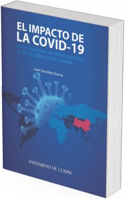 Fondo: Predomina un tono azul oscuro que transmite formalidad, seriedad y al mismo tiempo un aire tecnológico y científico. El azul también alude a lo global y lo digital, en concordancia con el tema internacional. Imagen central: Se observa una representación estilizada de un virus SARS-CoV-2 (el virus que provoca la COVID-19). El virus está representado como una esfera con salientes circulares, en un tono azul brillante, que contrasta con el fondo oscuro, dando la impresión de expansión o irradiación. Mapa del mundo: En la parte inferior se incluye un mapa planisferio en tonos oscuros. China aparece resaltada en rojo intenso, lo que la coloca como foco central del análisis. América Latina, Estados Unidos y Asia Oriental aparecen también en la cartografía, reforzando el alcance internacional del estudio.