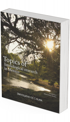 Portada con una fotografía de un río rodeado de árboles frondosos al atardecer; la luz del sol atraviesa las ramas creando destellos. Sobre la imagen aparece el título “Topics of limnological research in Mexico” y el nombre del coordinador Alfredo Pérez Morales. En la parte inferior se muestra el sello editorial “Universidad de Colima”.
