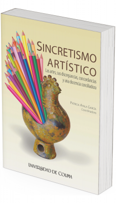 La portada presenta un fondo claro de tono beige. Al centro se observa una escultura artesanal con forma de ave, elaborada en cerámica de apariencia rústica y colores terrosos, con textura envejecida. Desde el interior del cuerpo del ave emergen numerosos lápices de colores vivos —rojos, azules, verdes, amarillos y morados— dispuestos como si fueran plumas, creando un contraste entre lo tradicional y lo contemporáneo.  En la parte superior derecha aparece el título “Sincretismo artístico” en tipografía sobria, seguido del subtítulo “Las artes, sus discrepancias, concordancias y una docencia conciliadora”. Más abajo se indica el nombre de la coordinadora, Patricia Ayala García. En la parte inferior de la portada se muestra el sello editorial de la Universidad de Colima.  La composición visual alude a la convergencia de distintas disciplinas artísticas, saberes y enfoques pedagógicos, destacando la creatividad, la diversidad y la integración cultural.