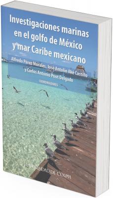 Book cover titled “Marine Research in the Gulf of Mexico and the Mexican Caribbean Sea.” The image shows a wooden pier extending over clear turquoise water, with several seagulls perched along the pier and others flying above the sea. In the background, boats and coastal structures appear under a clear blue sky. The title is displayed at the top, the coordinators’ names in the center, and the University of Colima name at the bottom.