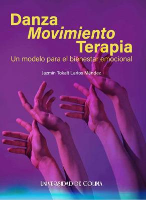 La ilustración central muestra varios brazos humanos alzados, entrelazados y proyectados hacia lo alto. Los brazos están iluminados por luces moradas y rosadas, generando un efecto de profundidad, armonía y movimiento.  Los brazos están capturados en distintas posturas que evocan danza, fluidez y expresión corporal.  Las manos están abiertas, extendidas, con los dedos relajados o ligeramente curvados hacia arriba, como si estuvieran comunicando emociones sin palabras.  Esta imagen simboliza la esencia del libro: el uso del cuerpo y el movimiento como vía terapéutica y expresión emocional.