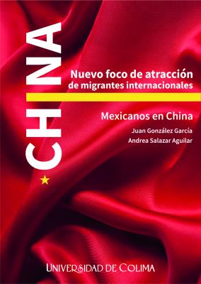 La portada tiene como fondo una fotografía muy detallada de una tela roja satinada, con pliegues que reflejan la luz y generan una textura rica y brillante. Este fondo evoca claramente la bandera china, tanto por el color como por su simbolismo cultural.  Composición del título: La palabra CHINA está colocada de manera vertical en el lado izquierdo, con letras mayúsculas blancas grandes y una tipografía moderna y sólida.  Justo debajo de esta palabra, hay una estrella amarilla de cinco puntas, que alude al símbolo presente en la bandera nacional de China.  A la derecha, se encuentra el subtítulo “Nuevo foco de atracción de migrantes internacionales” en letras blancas sobre una franja amarilla horizontal, que corta visualmente la composición.  Debajo, en un tono blanco sobre el fondo rojo, aparece la frase: “Mexicanos en China”, destacada por estar aislada del resto del texto.